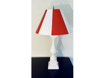 Wood Pillar Form Table Lamp With Fun Red And White Shade