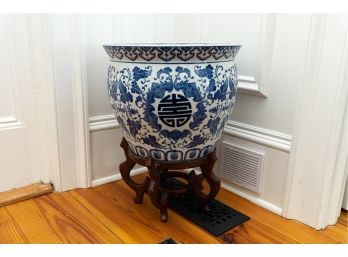 Blue And White Chinese Porcelain Fish Bowl Planter With Wooden Stand By Bombay Co