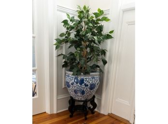 Blue And White Chinese Porcelain Fish Bowl Planter With Wooden Stand And Faux Plant