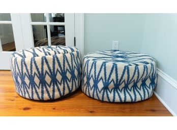 Blue And White Tone Woven Wool Poufs W Geometric Pattern Design - A Pair