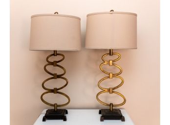 Sculptural Gilt Metal Table Lamps W Bronze Tone Metal Bases And Ecru Tone Shades - A Pair