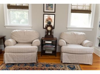 Pair Of Swivel/ Rocking Club Chairs W Striped Upholstery