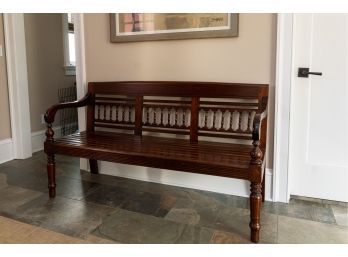 Vintage Carved Wooden Bench W Turned Legs, Spindle Back Accents, Sloping Arms And Slat Bench Seat