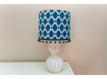 Contemporary White Ceramic Table Lamp,  Blue & White Patterned Shade W Pom Pom Trim