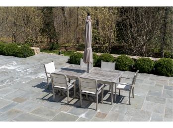 Ballard Designs Outdoor Dining Set W Umbrella - Table, Six Armchairs, One Umbrella