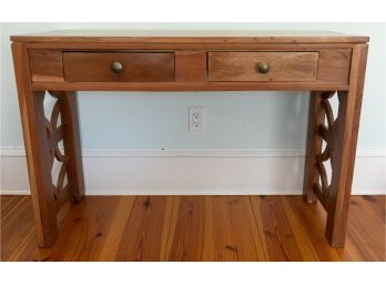 Oak Tone Wooden Console Table With Openwork Sides And Two Drawers