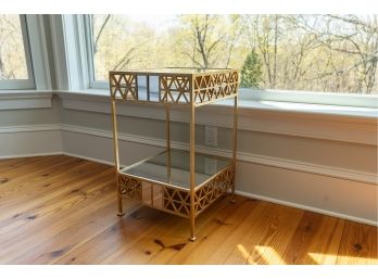 Contemporary Two Tiered Gilt Metal And Mirror Occasional Table W Openwork Design