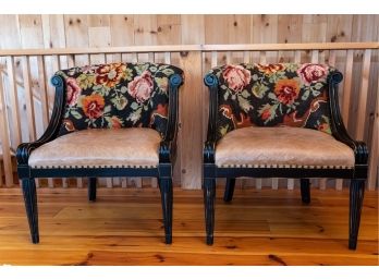 Carved Armchairs W Floral Pattern Woven Upholstery, Leatherette Seats & Nail Head Trim- A Pair