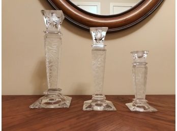 Michael Seems, Series Of Three Etched Glass Candlesticks