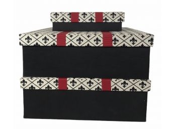 Three Piece Fabric Covered Fleur-de-lis Storage Box Set