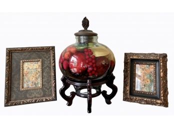 Realistic Faux Fruit & Flowers In Large Covered Jar  Plus Two Frames