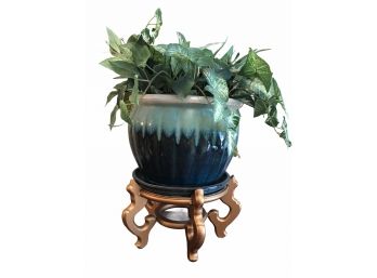 Faux Potted Plant In Crackle Glazed Pot On Gold Stand