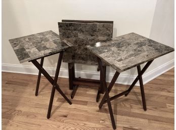 Set Of Faux Marble Folding Snack Tables On Rack