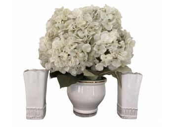 White Hydrangeas Flower Arrangement In Bowl Plus A Pair Of White Vases