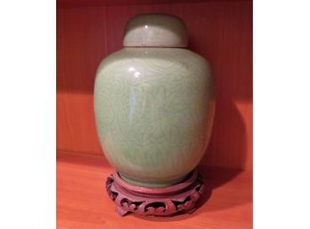 Chinese Porcelain Celadon Glazed Ginger Jar On Stand