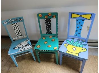 3 Hand Painted Funky Wood Chairs Nantucket Artist