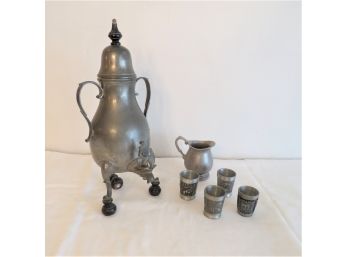 Vintage Footed Pewter Samovar With Cups And Mini Pitcher