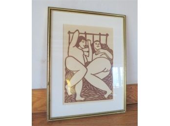 Amorous Couple In Bed Block Print Signed 'MS'