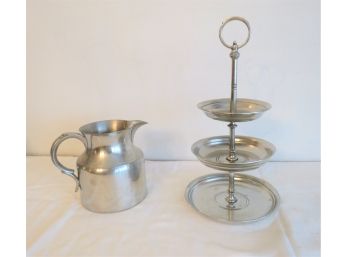 Pewter Pitcher And 3  Tiered Serving Tray Tower