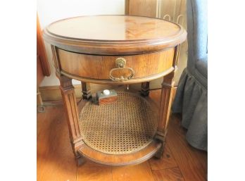 Vintage Round Burlwood Side Table Cane Shelf