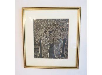 Signed J. Barros Wood Block Print