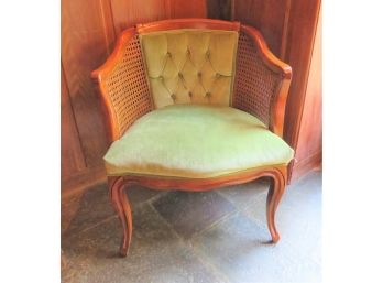 Vintage Mid-century Tufted Green Velvet Chair With Cane Panels