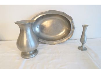 Pewter Serving Platter, Vase And Bud Vase