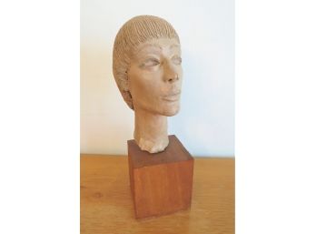 Sculpture Clay Bust Of A Woman On Wood Base