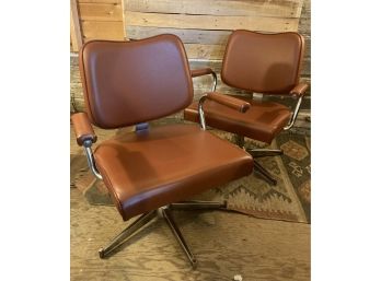 Pair Mid Century Modern Chrome And Orange Vinyl Chairs