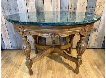 Ornate Wood And Green Marble Top Table