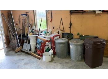 Large Garden Tool Lot Aluminum Garbage Cans, And More