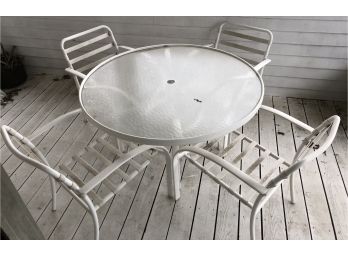 White Metal Outdoor Glass Top Table And Four Chairs