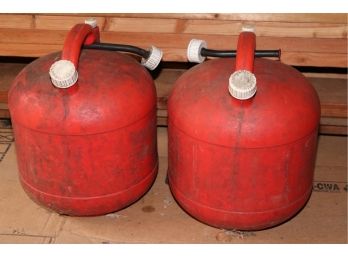Two Vintage Very Large Gas Containers Full Of Gas With Spouts