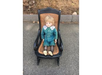 Antique Childs Rocking Chair With Porcelain Doll In Vintage Clothing, Signed Piece