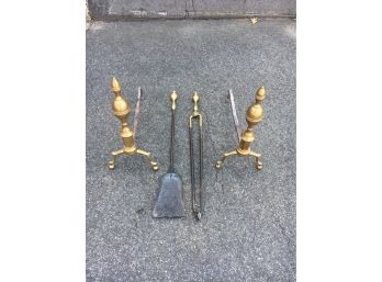 Antique Brass Andirons And Tools, Chippendale Style, Great Condition For Their Age