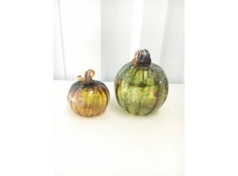 Pair Of Art Glass Pumpkins, Signed By The Artist And In Excellent Condition