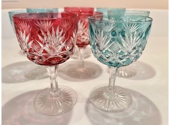 Eight Bohemian Red And Blue Small Wine Glasses