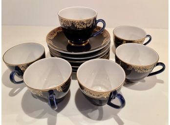 Russian Porcelain Smaller Tea Cup Service For 6 Beautiful Deep Royal Blue With Gold