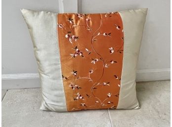Asian Silk Creme/Orange Pillow With Floral Embroidery