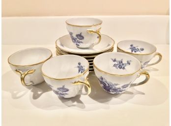 Bavaria Germany Porcelain Blue Floral Cup And Saucers - Service For 5