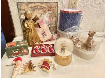 Christmas Lot 2 Includes Ornaments, Gold Angel, Moose Snow Globe And Tins
