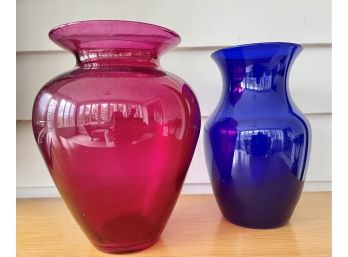 Pair Of Glass (blue And Red) Vases
