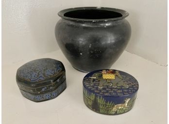 Pair Of Decorative Keepsake Boxes And Black Pot