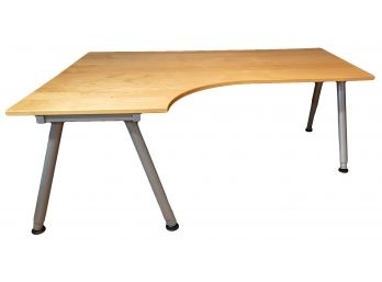 Contemporary Wood Topped Corner Desk W Grey Metal Tubular Adjustable Legs