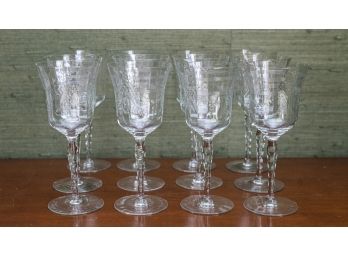 Antique Clear Pressed Glass Etched Wine Glasses - Set Of 12