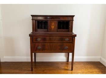 Antique Inlaid Mahogany Fall Front Secretary Desk W Eagle Pattern Drawer Pulls, Pigeon Holes & Built- In Radio