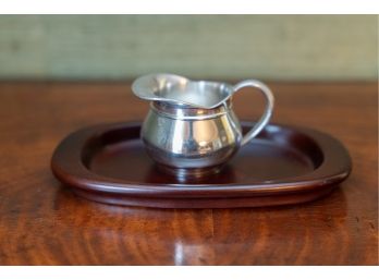 Selangor Pewter Creamer And Wooden Tray