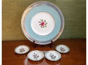 Royal Doulton Bone China Serving Plate, Four Rosenthal Coasters - All With Rose Motif And Silver Tone Metal Ri