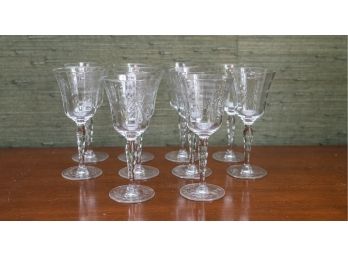 Antique Clear Pressed Glass Etched Port Wine Glasses - Set Of 10