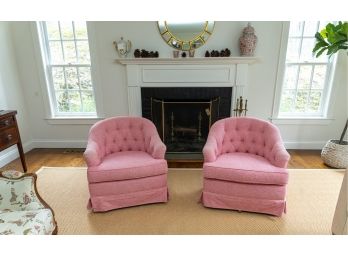 Beautiful Rose Pink Skirted Swivel Club Chairs - A Pair